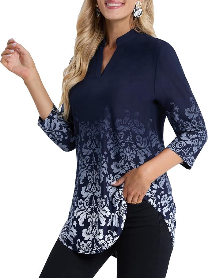 BAISHENGGT 3/4 Sleeve Tops for Women Notch V Neck Floral Work Blouses Dressy Casual Loose Fit Going Out Tunic Tops