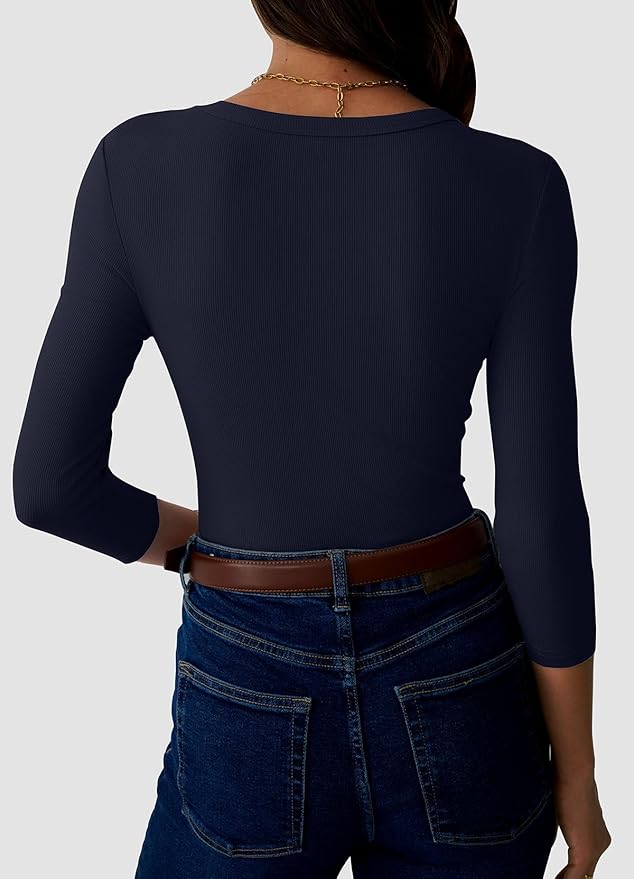 Womens 3/4 Sleeve Scoop Neck Top Ribbed Knit Slim Fitted Casual Basic Tee Shirts 2025 Fall Trendy Work T-Shirt Outfits