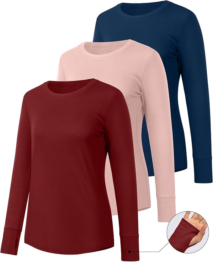 Huukeay 3 Pack Women's Long Sleeve Shirts with Thumb Holes, Cotton Casual Crew Neck Tunic Tops Fall Loose Y2k Trendy Outfits