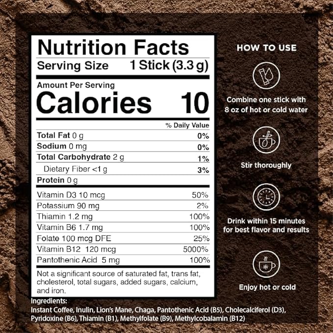 VitaCup Mushroom Coffee Instant Packets, for Memory & Clarity Support, w/Fiber, Chaga, Lion’s Mane, D3, B Vitamins, Medium Roast, 100% Arabica & Robusta Coffee in Single Serve Sticks, 48 Ct