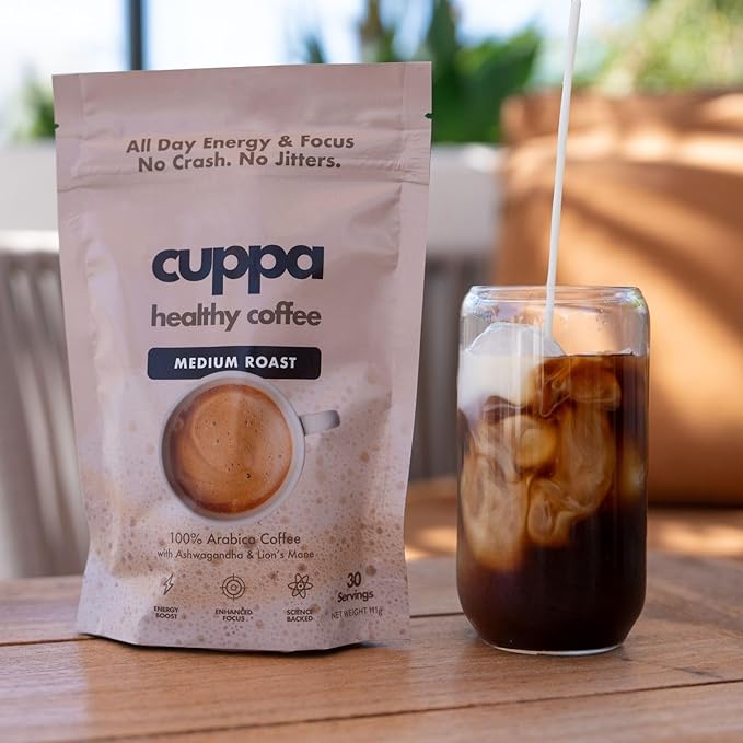 Cuppa Coffee - Great tasting medium roast with mushrooms, adaptogens & superfoods - Lion's Mane, Ashwagandha, Cordyceps, MCT, Prebiotic Fiber & L-Theanine. Supports natural energy & better mental focus, overall well-being + a happier gut (60 Servings)