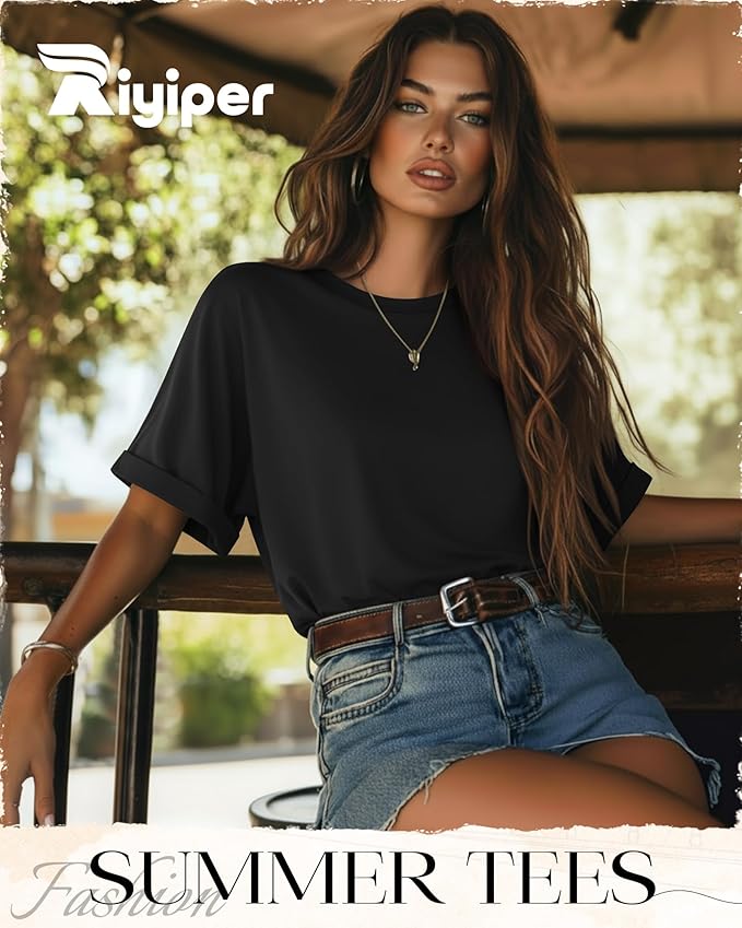 Riyiper 3 Pack Women's Oversized T-Shirt Half Sleeve Summer Tees Casual Loose Fit Crew Neck Basic Tops