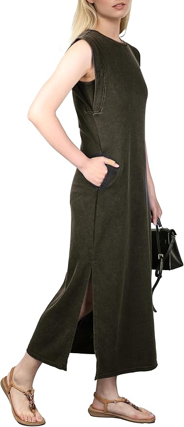GRECERELLE 2026 Women Year-Round Casual Round Neck Loose Split Wrinkle-Free Long Maxi Vacation Dress with Pockets (XXS-4XL)