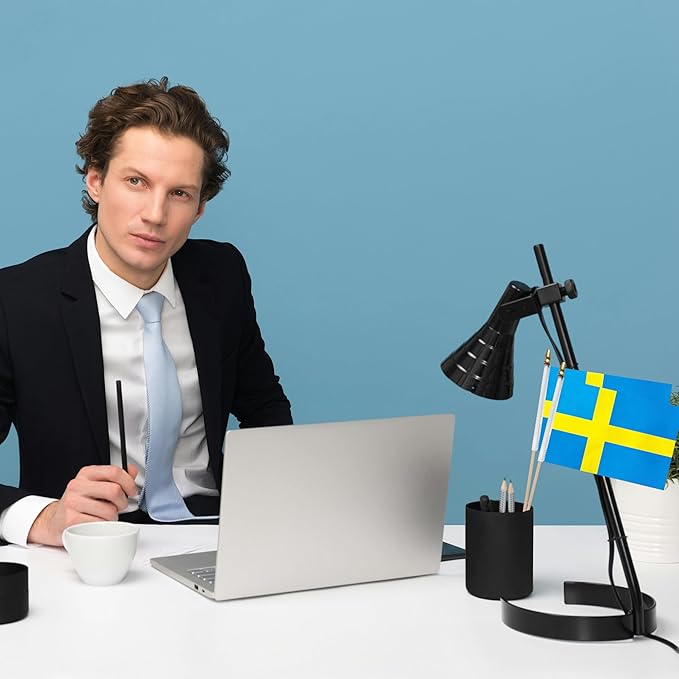 GSYLPFT 12 Pack Swedish Flags on Sticks Sweden Small Mini Hand Held Flags for Office Classroom Holiday Party Decorations