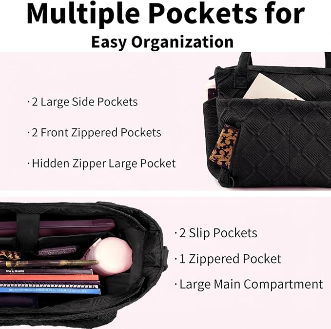 SUNRISING Tote Bag for Women, Puffy Tote Bag with Zipper, Large Quilted Shoulder Bag with Compartments for Travel Work Gym