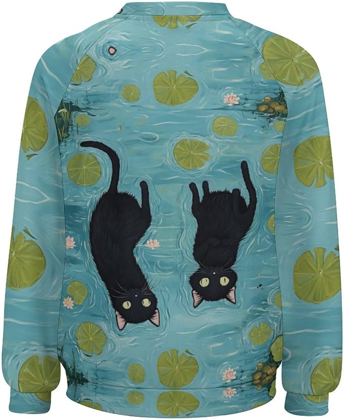 Spatofa Womens novelty funny cat printed crewneck sweatshirt casual loose long sleeve graphic pullover sweatshirts tops