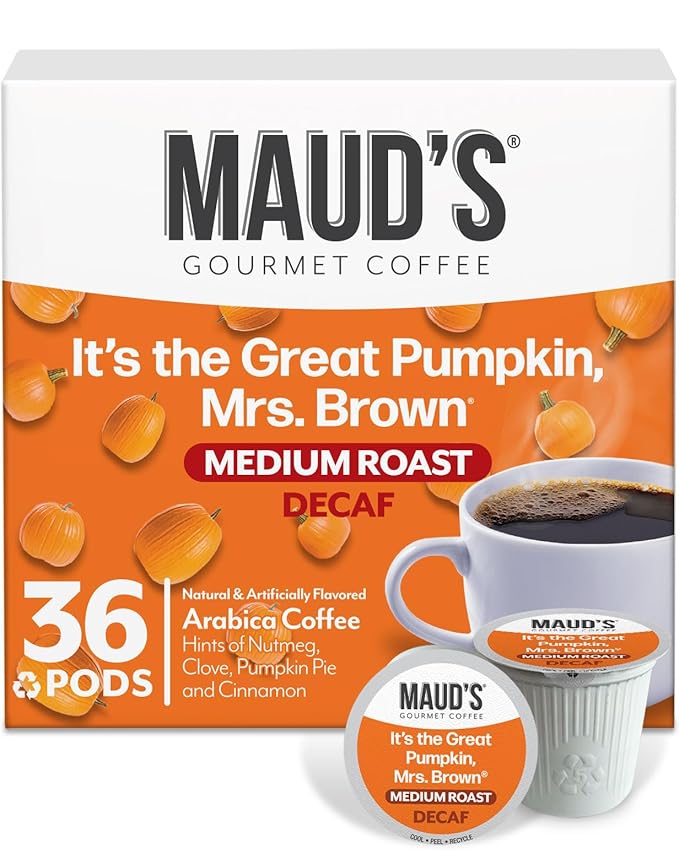 Maud's Decaf Pumpkin Spice Flavored Coffee Pods, 36 ct, Medium Roast Flavored Coffee in Recyclable Single Serve Pods – 100% Arabica Beans, Compatible with Keurig K Cups Maker