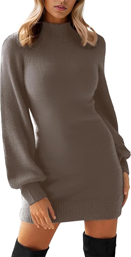 GRECERELLE 2026 Women's Mock Neck Ribbed Long Sleeve Bodycon Pullover Cute Mini Sweater Dress (XS-2XL)