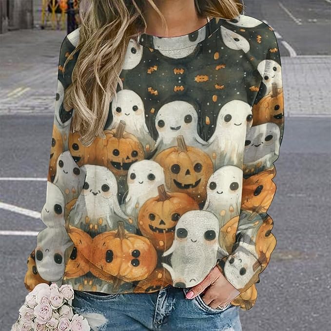 Spatofa Womens novelty funny cat printed crewneck sweatshirt casual loose long sleeve graphic pullover sweatshirts tops