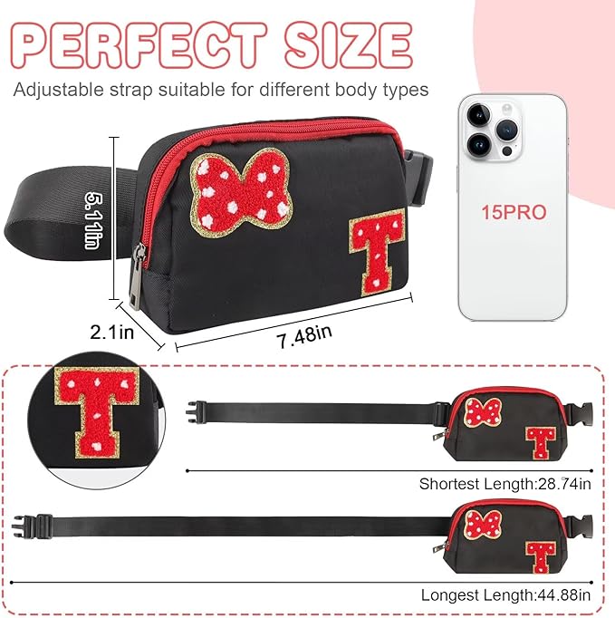 Initial Letter Bow Mouse-Ear Fanny Pack for Teen Girls,Cute Chenille Belt Bag Crossbody Travel Waist Pack for Women&Kids,Personalized Gift for Theme Park,School & Travel, Birthday Christmas(T)