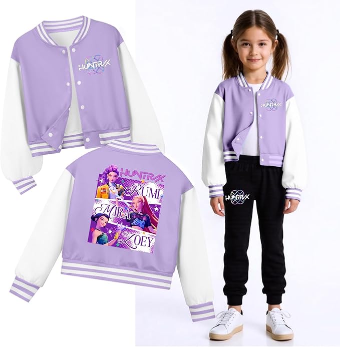 K PopGirls Kpop Tracksuit Cute Cartoon Print Baseball Coats Fashion Long Sleeve Jackets and Pants Christmas Costume Set