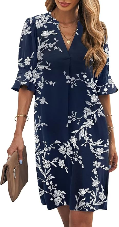 Wkior Shift Dress for Women V Neck Short Sleeves Solid Color Casual Flowy Summer Dresses(S-2XL)