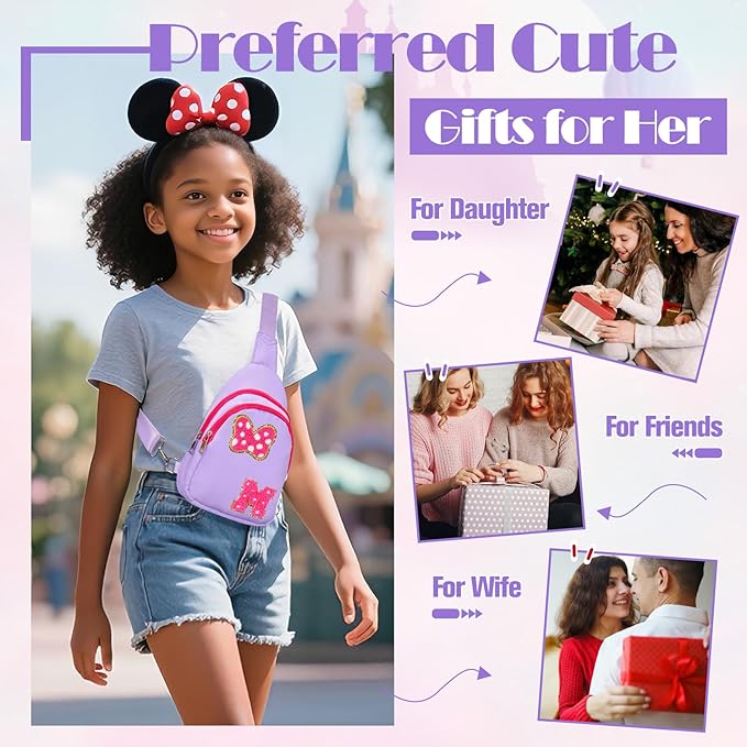7 8 9 10 11 12 13 24 Year Old Girl Birthday Gifts, Purple Initial Bow Mouse Park Small Sling Bag for Girls Daughter Women, Teen Girl Gifts Trendy Stuff Crossbody Fanny Pack Must Have for Park Travel M