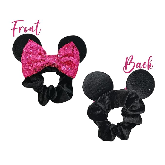 Styla Hair 2pk Mouse Ear Scrunchies, Hot Pink Solid Red - Velvet Hair Bow Scrunchies for Women with Sparkle Sequins, Mickey Mouse Ears for Pony Tail