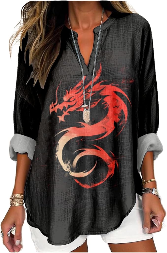 MARSVOVO V Neck Shirt For Women Boho Multi Style Blouse Long Sleeve Novelty Graphic Plus Size Pullover Tops For Women
