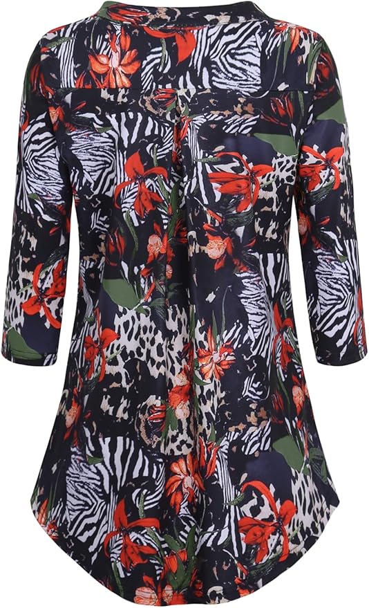 BAISHENGGT 3/4 Sleeve Tops for Women Notch V Neck Floral Work Blouses Dressy Casual Loose Fit Going Out Tunic Tops