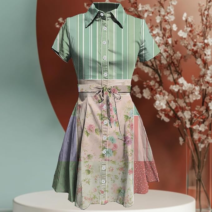 MARSVOVO Cute T Shirt Dress for Women Short Sleeve Button Up Tie Waist Elegant Casual Collared Smocked Midi Dress