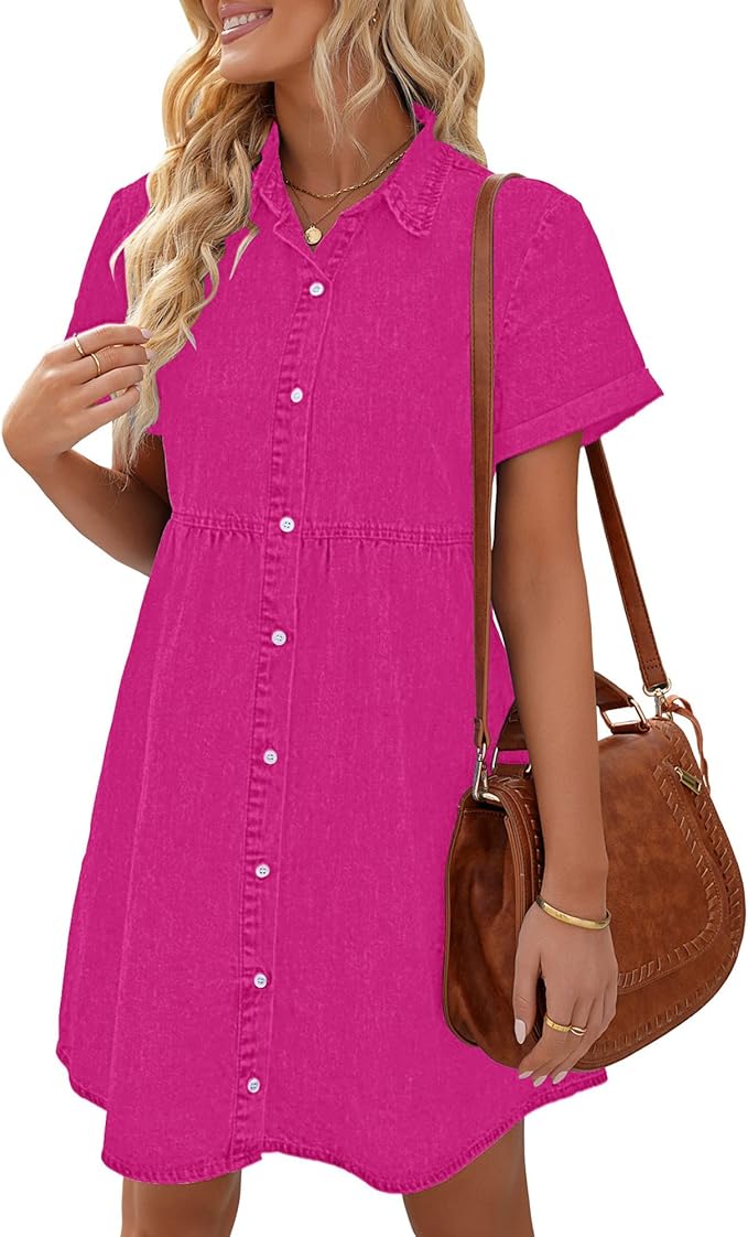 LookbookStore Women's Short Sleeve Button Down Flowy Tiered Babydoll Denim Dress