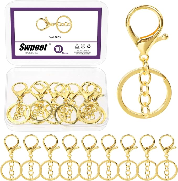 Swpeet 10Pcs Gold Lobster Claw Clasps with Key Chain and Flat Split Keychain Ring Assortment Kit, Swivel Clasps Hook Clips Swivel Snaps Hooks for Purse Strap Keychain DIY Crafts