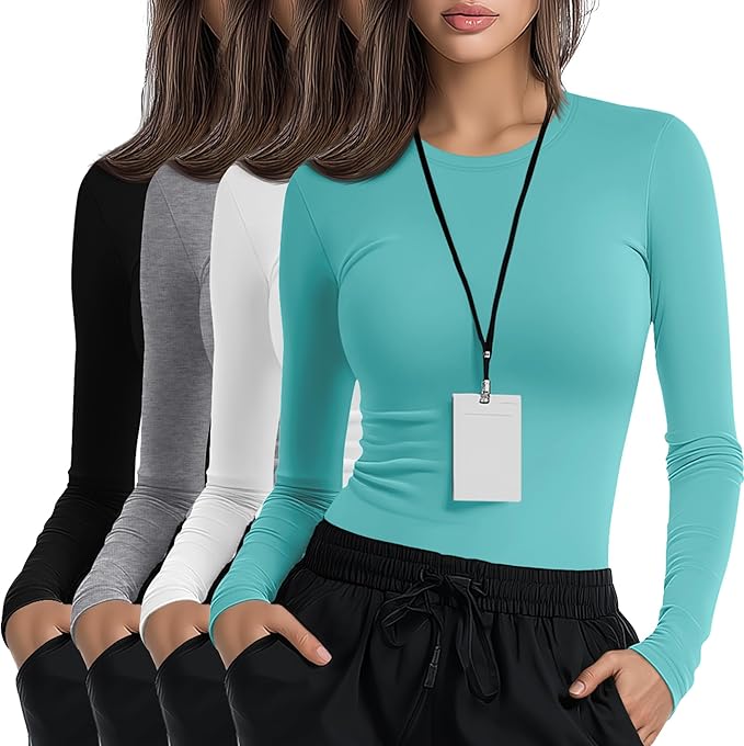 4 Pack Women's Underscrub Shirts Nurse Undershirts Long Sleeve Crewneck Slim Fit Tops Soft Stretchy Basic Tee