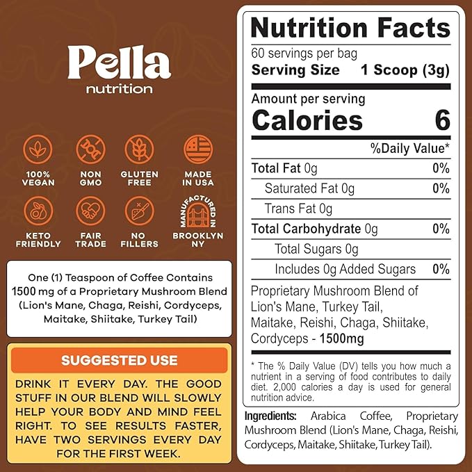 Low-Caffeine Mushroom Coffee (60 Servings) – Superfood Great Tasting Instant Coffee – Includes Lion's Mane, Reishi, Chaga, Cordyceps, Shiitake, Maitake, and Turkey Tail Mushroom Supplement