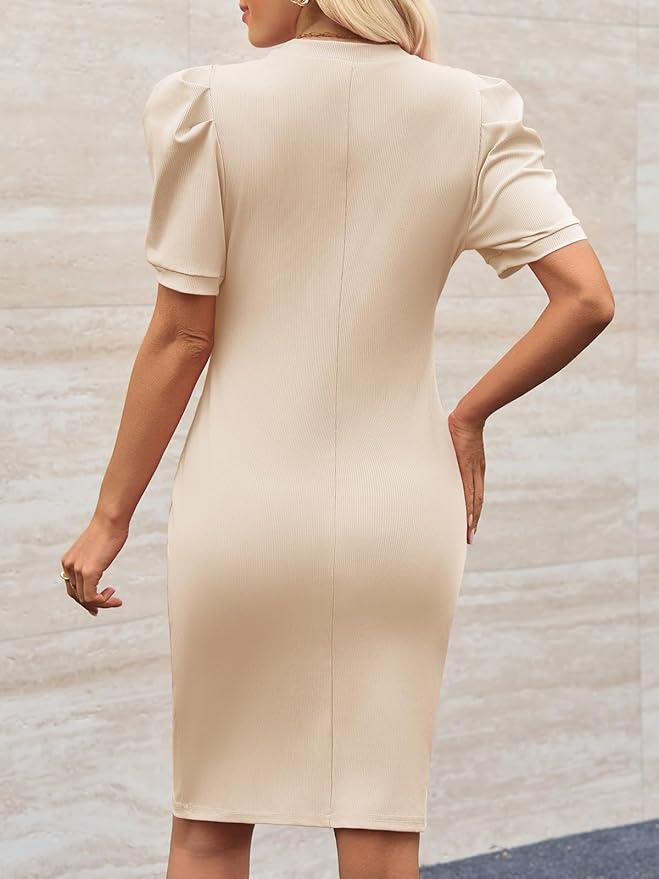 Cicy Bell Women's Puff Sleeve Bodycon Work Dresses Crew Neck Business Casual Office Pencil Dress