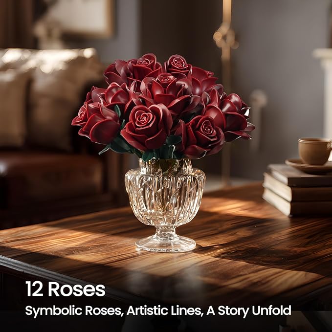 iATOM Burgundy Red Rose Bouquet Building Set, 12Pcs Flower Botanical Collection Kit for Adult, Valentine's Day Gift for Her/Girlfriend/Mom/Wife/Couple, Vintage Home Office Table Centerpiece Decor