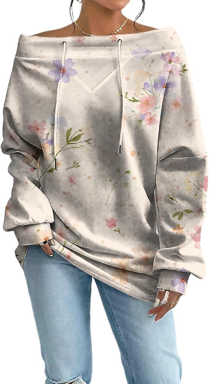 Womens Sweatshirts Floral Print Sexy Off The Shoulder T Shirts Oversized Long Sleeve Pullover Fall Tops