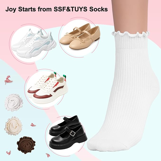 SSF&TUYS Ruffle Socks for Women – Soft Cotton Frilly Ankle Socks, Cute, Breathable & Comfy, 6 Pairs