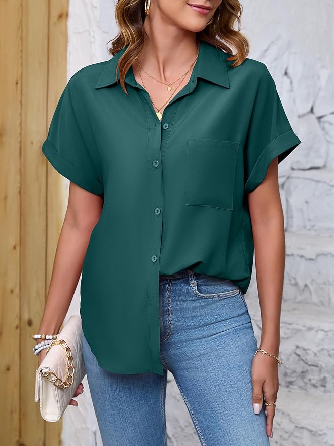 Womens Button Down Shirt Casual Short Sleeve Collared Work Blouse with Pocket