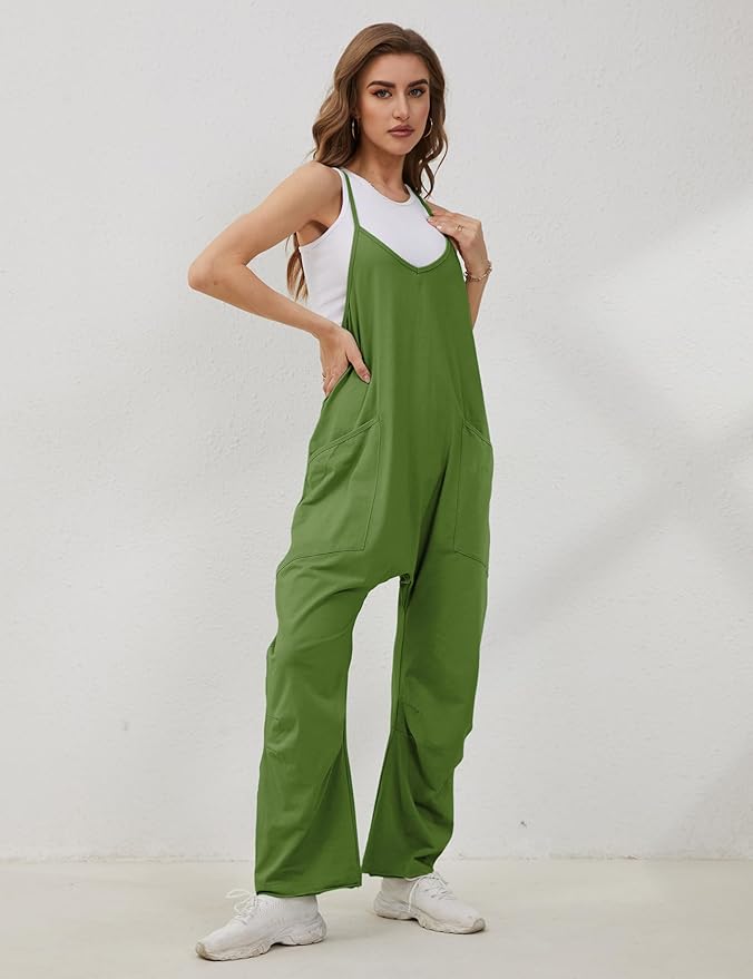 Lentta Women's Causal Jumpsuits V Neck Sleeveless Harem Overalls Stretchy Adjustable Strap Romper with Pockets