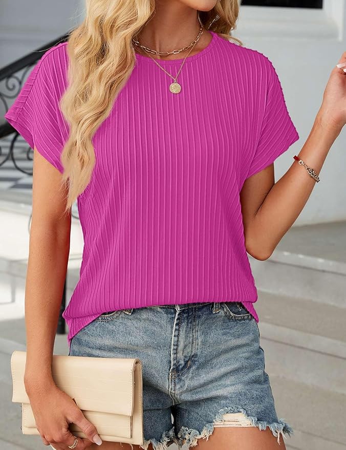 JUSTFASHIONNOW Womens Short Sleeve Blouses Business Casual Tops Crew Neck Basic Tees Textured Work Shirts Cute Office Outfits