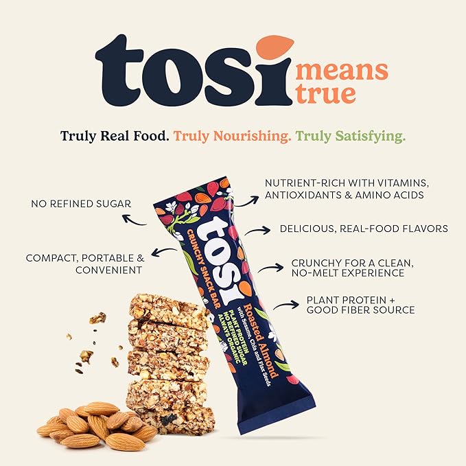 Tosi Nut Bars, Almond, Healthy Snacks for Adults & Kids, Plant Based Crunchy Bars (5G Protein), Organic Keto Snacks, Vegan, Gluten & Soy Free, Low Sugar, Omega 3s, 1oz, 12-Pack