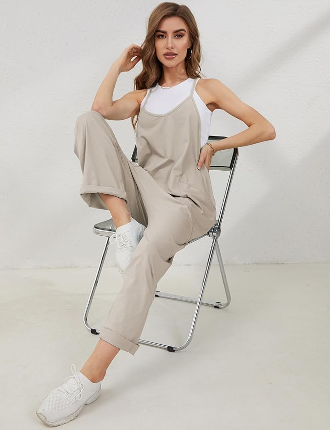 Lentta Women's Causal Jumpsuits V Neck Sleeveless Harem Overalls Stretchy Adjustable Strap Romper with Pockets