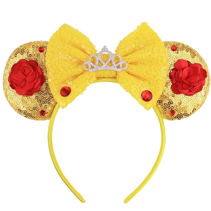 LIHELEI Mouse Ears Headband with Beauty Red Rose, Princess Belle Ears Headbands for Halloween Costume, Princess Party Headwear Hair Accessories for Women - Red Rose