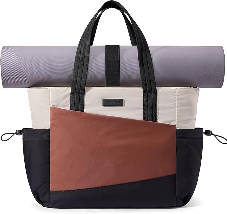 LOVEVOOK Gym Tote Bag for Women, Puffy Yoga Mat Bag with Large Cup Holder & Wet Pocket, Work Nurse Bag for Travel Workout