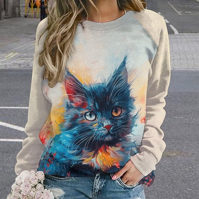 Spatofa Womens novelty funny cat printed crewneck sweatshirt casual loose long sleeve graphic pullover sweatshirts tops