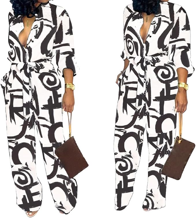 SeNight Women's Jumpsuits Elegant Business Casual Button Down V Neck Long Sleeve Strap Straight Long Pants With Pockets