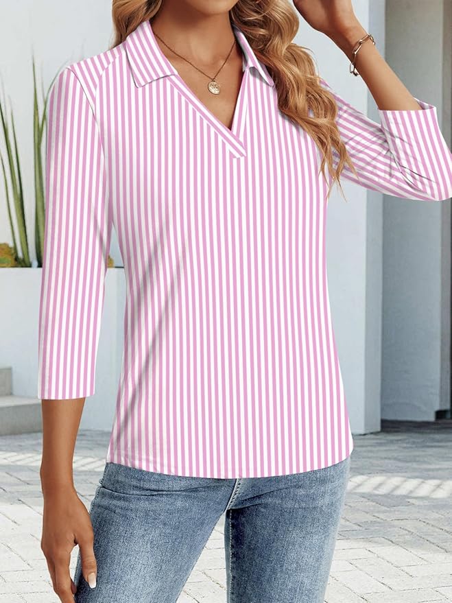 3/4 Length Sleeve Womens Tops Dressy Casual V Neck Polo Shirts Business Work Blouses 2025 Trendy Tunic Top