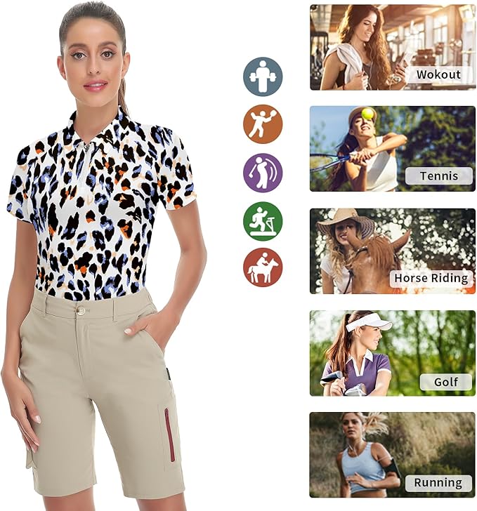 Women's Golf Shirt Short Sleeve Tennis Shirt Quarter Zip Golf Pullover Golf Polo Shirts Argyle Tops