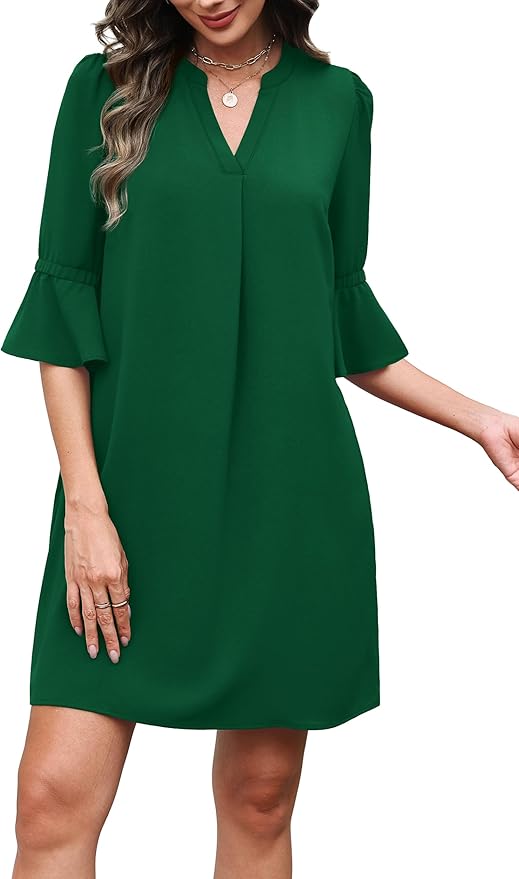 RUMIA Shift Dress for Women V Neck Ruffle Short Sleeve Loose Casual Summer Dress