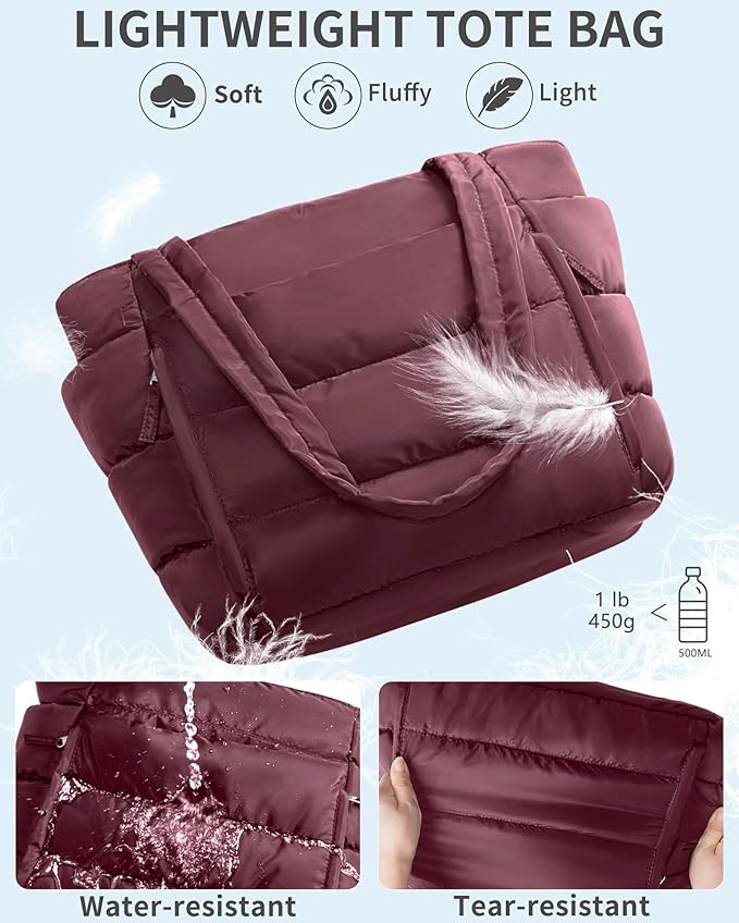 Puffer Tote Bag for Women, Lightweight Puffy Work Handbag Teacher Nurse Quilted Shoulder Bag for School Travel Gym | Quilted, with Zipper, Daily Carry On Bags, Comfy College Bags, 15.6" Laptop Sleeve, Cup Holder Pocket, Portable, Spacious