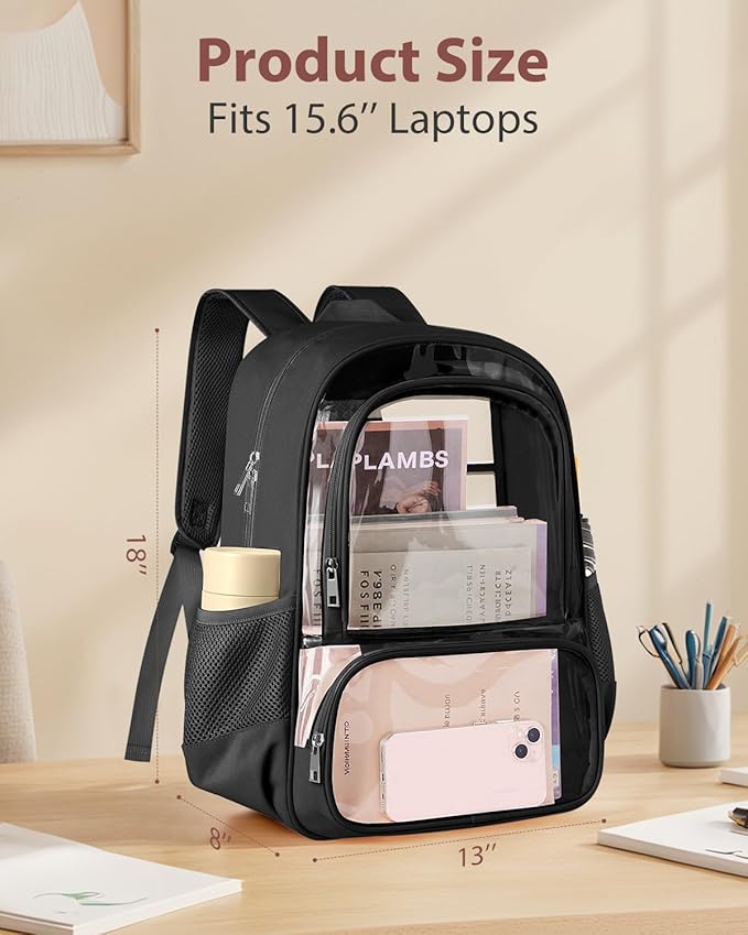 KIMNERPU Clear Backpack, Heavy Duty Transparent Bookbag for School, Fabric & PVC Transparent Backpack with Reinforced Strap for Women Men, Capacity Clear Bag for College, Travel, X-Large Black