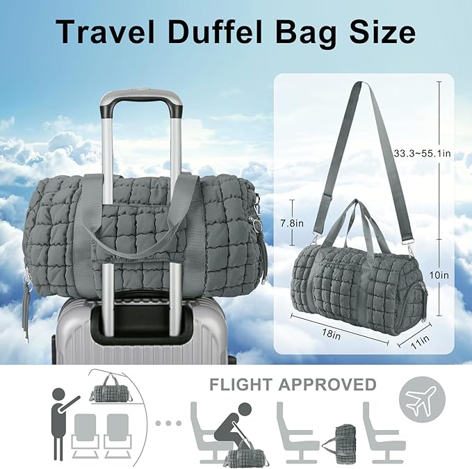 Quilted Travel Duffle Bag Gym Bag for Women,Large Puffer Duffle Weekender Bag with Compartment,Workout Overnight Carry on Organizer Bag Duffle Bag for Airplane Travel(Grey)