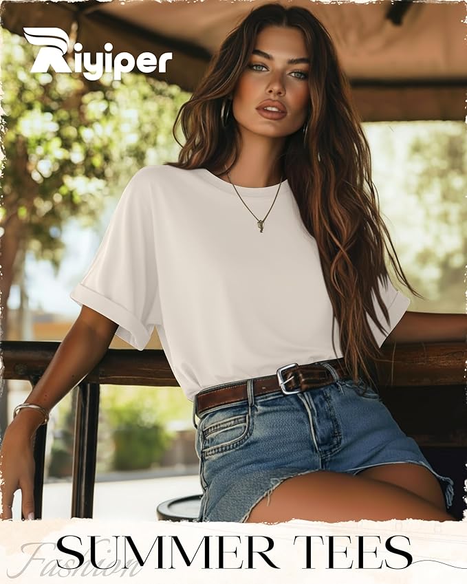Riyiper 3 Pack Women's Oversized T-Shirt Half Sleeve Summer Tees Casual Loose Fit Crew Neck Basic Tops