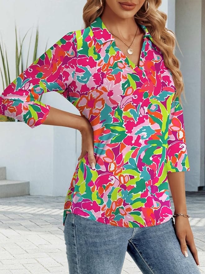 3/4 Length Sleeve Womens Tops Dressy Casual V Neck Polo Shirts Business Work Blouses 2025 Trendy Tunic Top