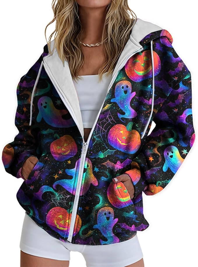 domirica Halloween Hoodie Lightweight Zip Hoodies For Women Fall Casual Vintage Sweatshirt Casual Wear Fashion Outfits