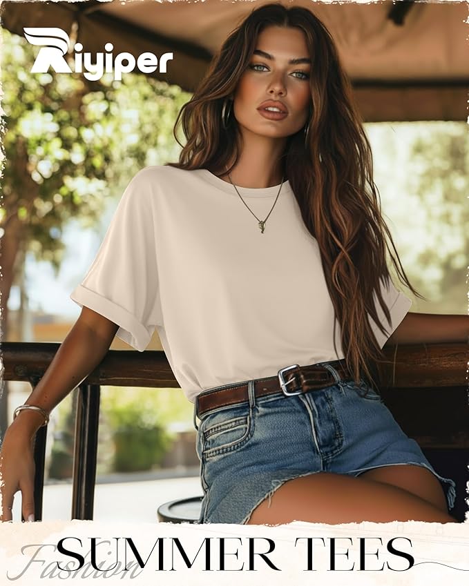 Riyiper 3 Pack Women's Oversized T-Shirt Half Sleeve Summer Tees Casual Loose Fit Crew Neck Basic Tops