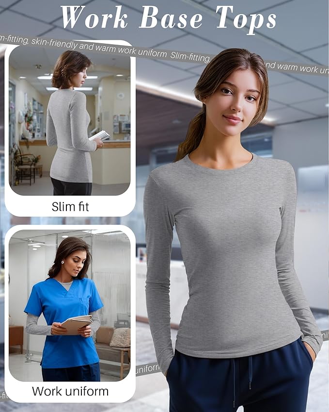 4 Pack Women's Underscrub Shirts Nurse Undershirts Long Sleeve Crewneck Slim Fit Tops Soft Stretchy Basic Tee