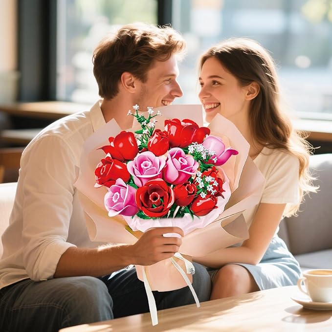 HOGOKIDS Flowers Bouquet Building Set with Lights - 16 Roses Bouquet Botanical Building Blocks Artificial Red Roses Flower for Home Decor Birthday Valentines Gifts for Adults Girl - 387PCS (Pink)